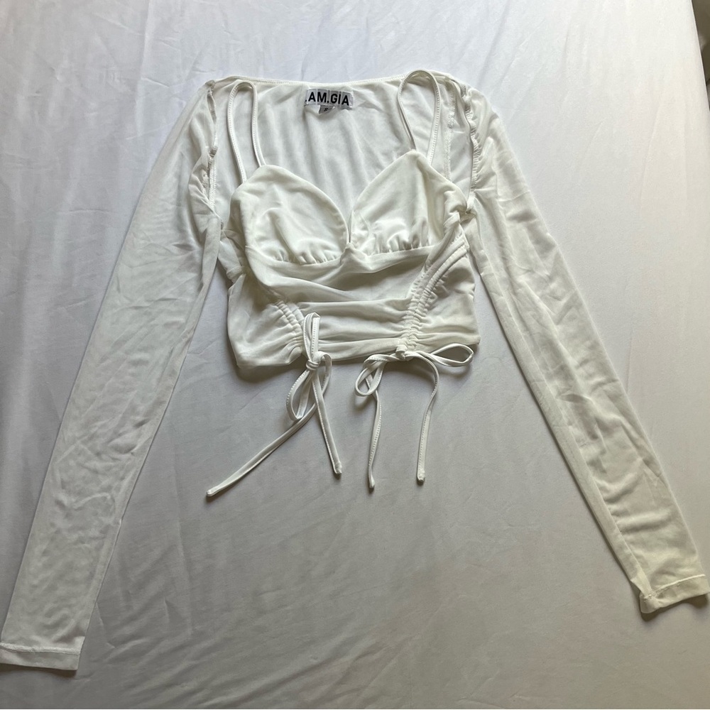 Iā AM GIA white cream mesh knit lace up layered crop cutout top
